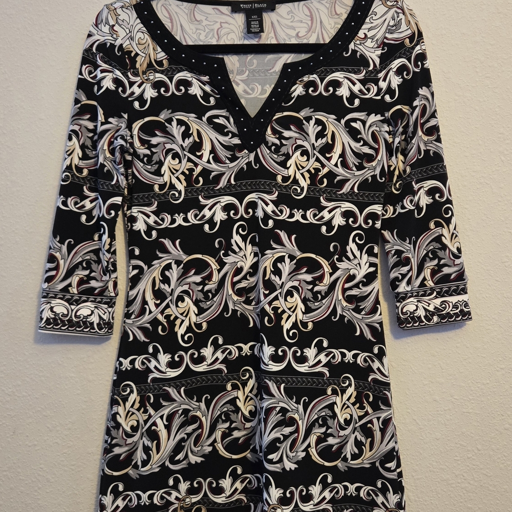 White House Black Marker Black and White Patterned Dress with Studded Neckline